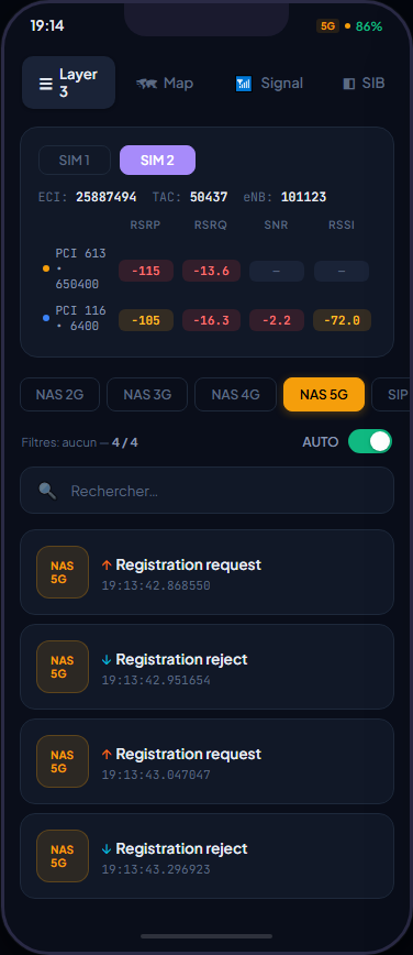 HiCellTek Layer 3 message list, 5G NAS, SIM1/SIM2