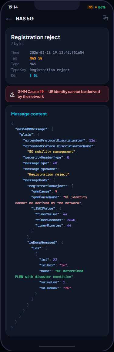 HiCellTek 5G NAS Registration Reject with GMM cause