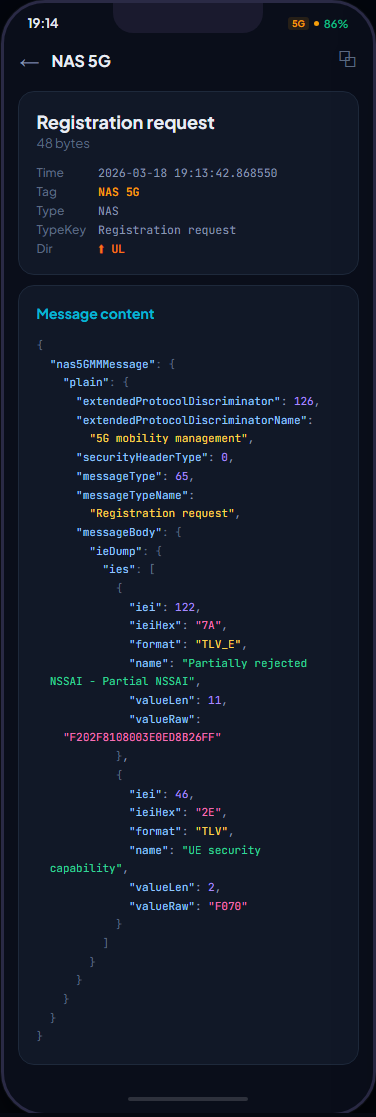 HiCellTek 5G NAS Registration Request detail
